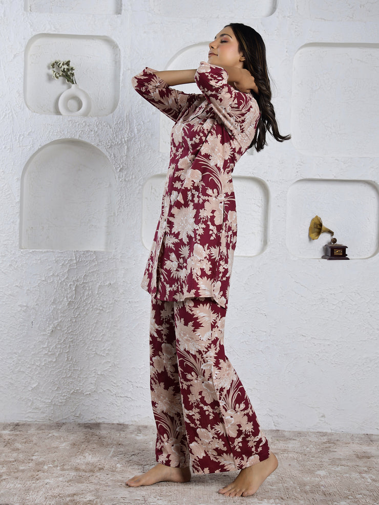 MAROON Red Printed cotton co-ord set