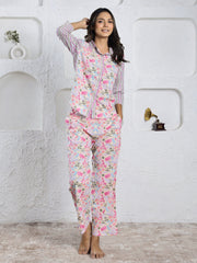 Pink Floral Printed cotton Night Suit Set