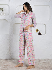 Pink Floral Printed cotton Night Suit Set