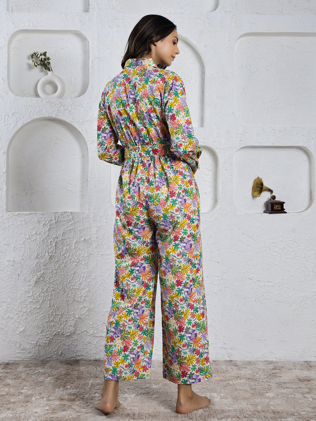 Multi-Color Shirt Collar Floral Print Pure Cotton Jumpsuit For Women