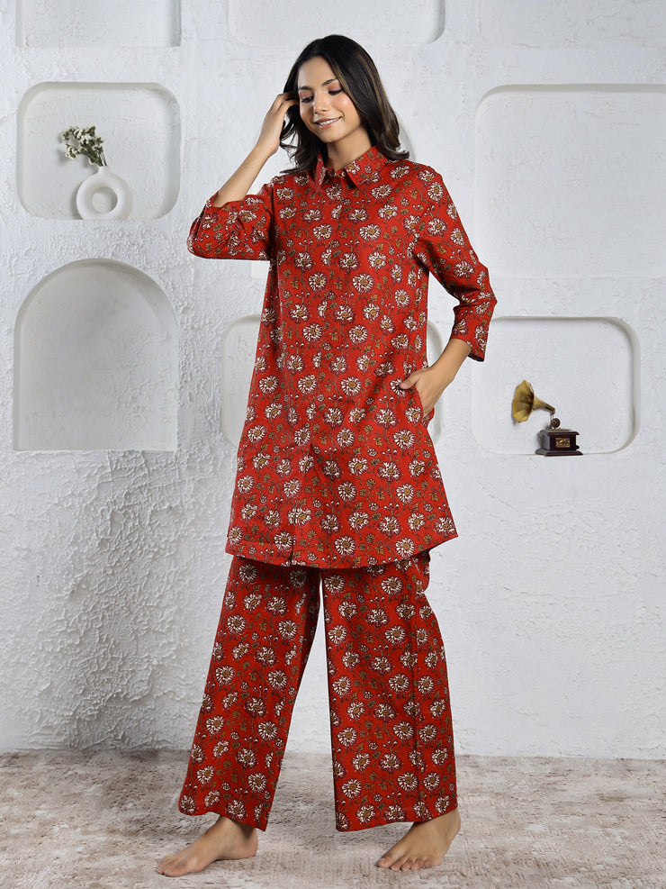 Red  Printed pure cotton co-ord set