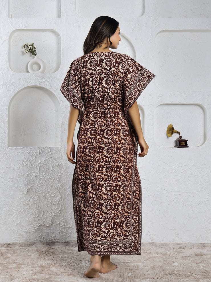 Red Cotton Ethnic Print Kaftan Maxi Dress