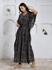 Black Cotton Ethnic Print Kaftan Maxi Dress