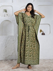 Green Cotton Printed Kaftan Maxi Dress