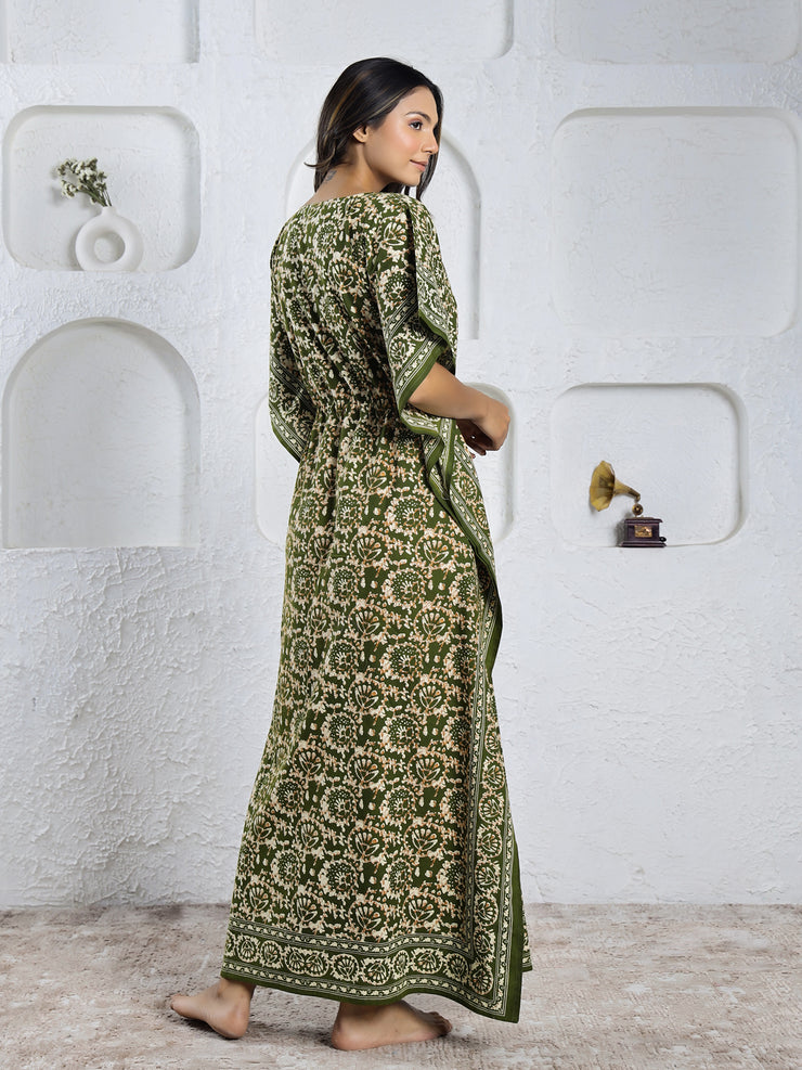 Green Cotton Printed Kaftan Maxi Dress