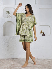 Green Pure Cotton Kaftan Shorts Set