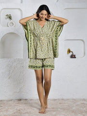 Green Pure Cotton Kaftan Shorts Set