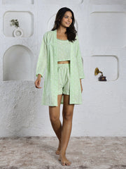 Green Printed Cotton 3 PEICE Night Suit Shorts Set