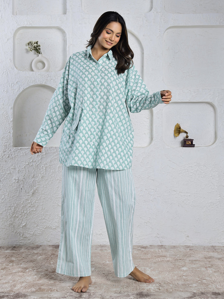 Green FLORAL  loose fit PRINT Cotton Night SUIT