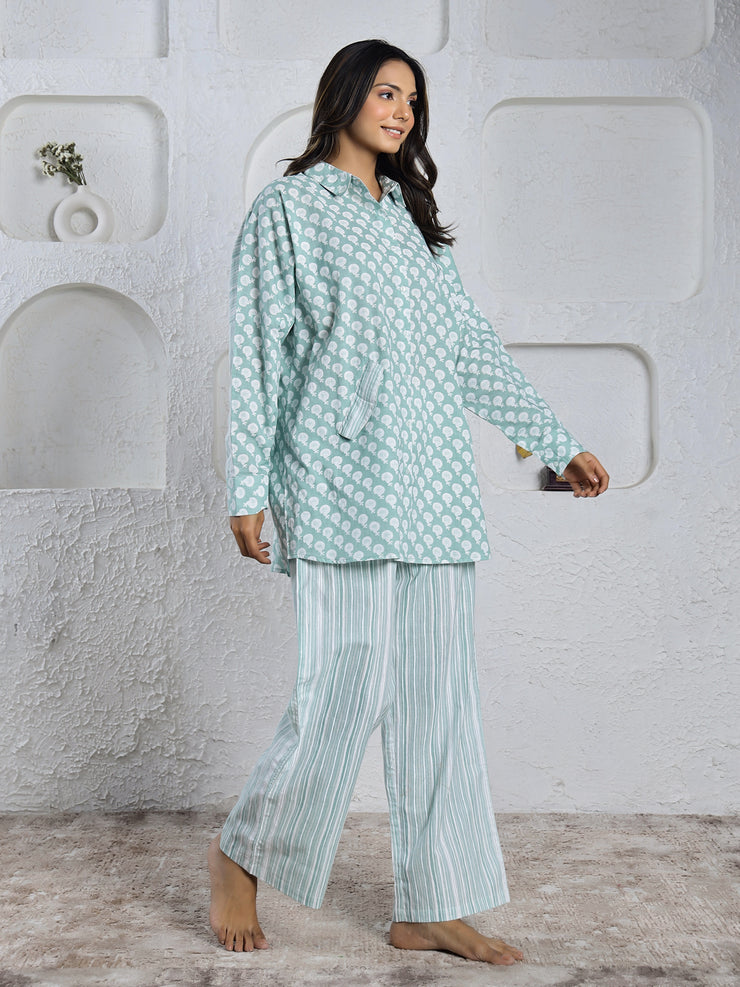 Green FLORAL  loose fit PRINT Cotton Night SUIT