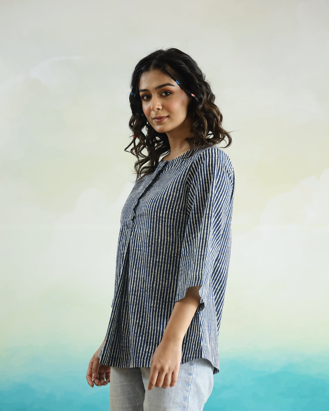 Striped 3D Print Cotton Top for Women