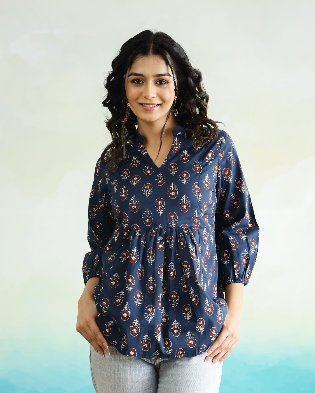Blue Flower Printed Cotton Top for Women