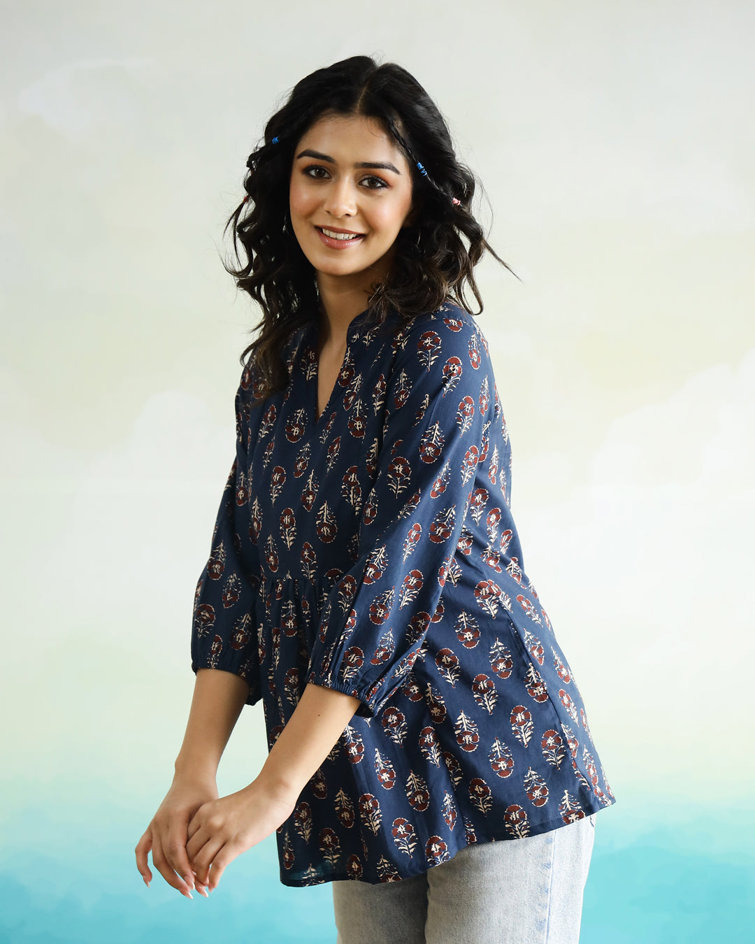 Blue Flower Printed Cotton Top for Women