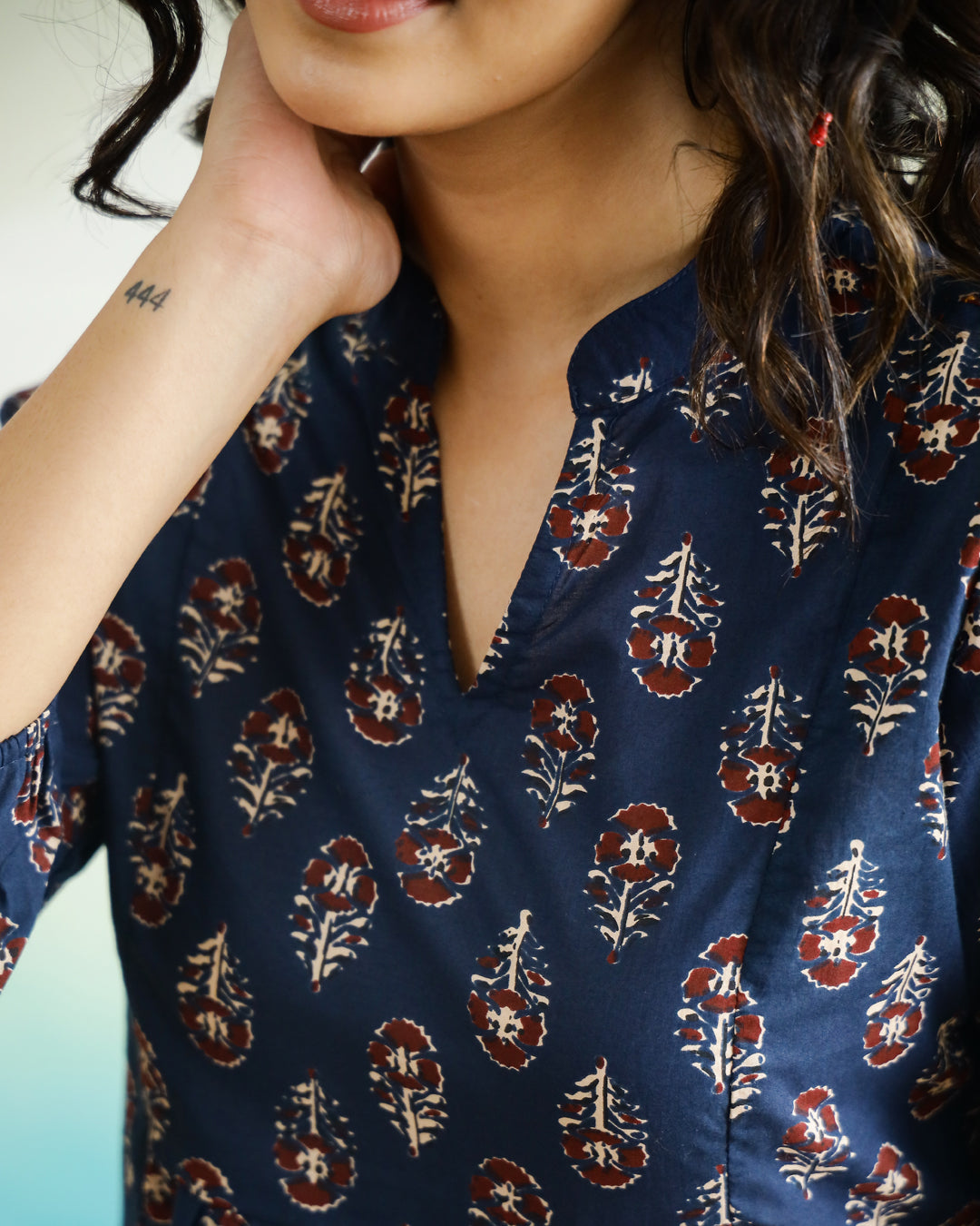 Blue Flower Printed Cotton Top for Women