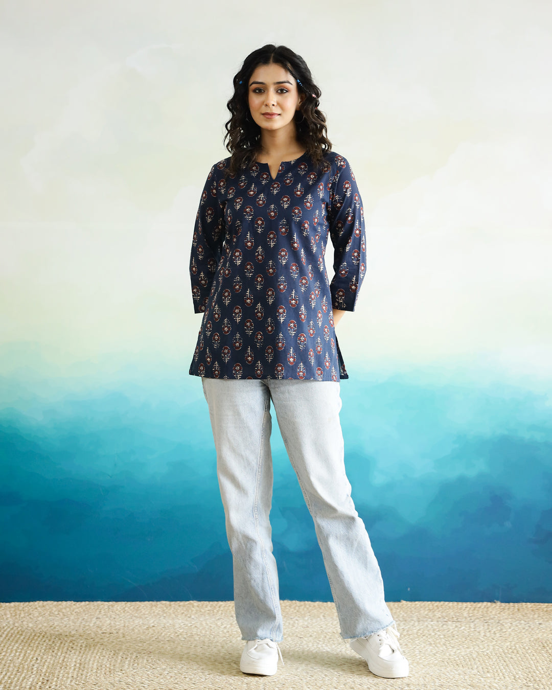 Blue Printed Cotton Top for Women
