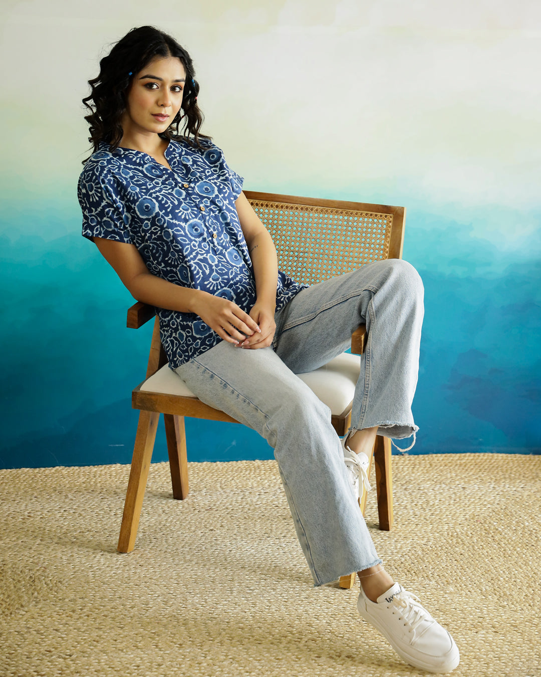 Blue Cotton Printed Top for Women - SanskrutiHomes 