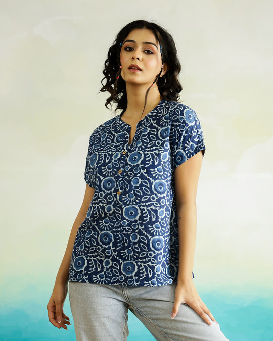 Blue Cotton Printed Top for Women