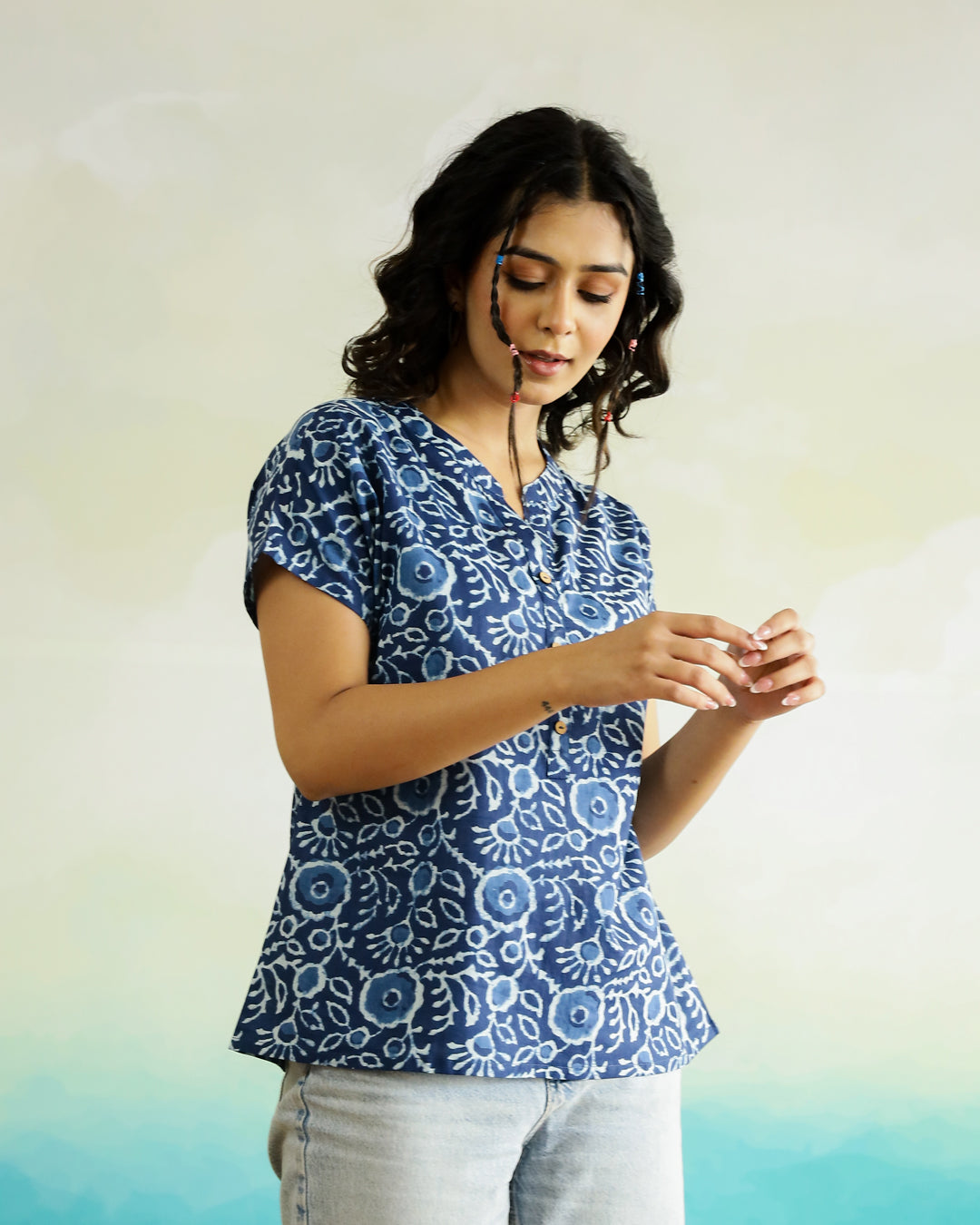 Blue Cotton Printed Top for Women - SanskrutiHomes 