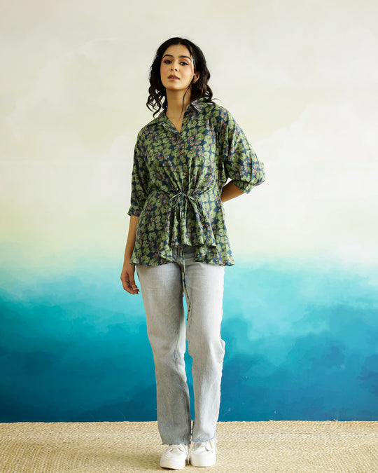 Green Printed Cotton Top for Women