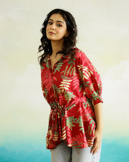 Red Flower Printed Cotton Top for Women