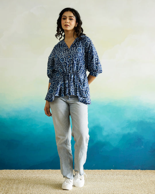 Blue Cotton Printed Top for Women