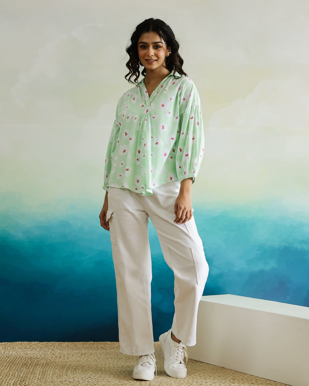 Cotton Printed Shirt Collar Top