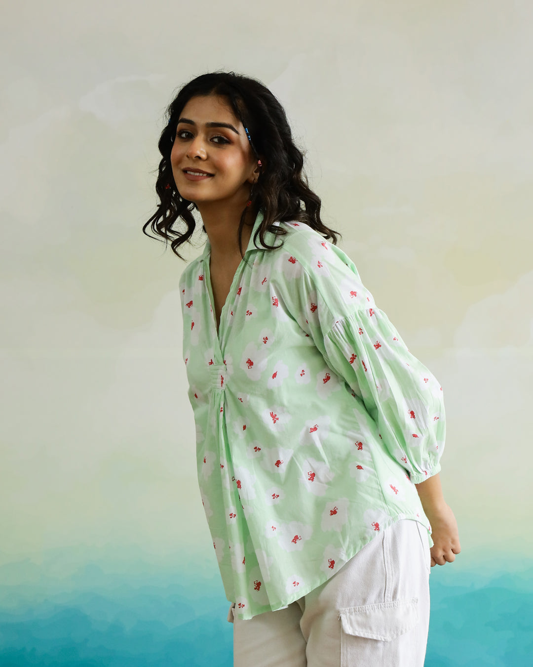 Cotton Printed Shirt Collar Top