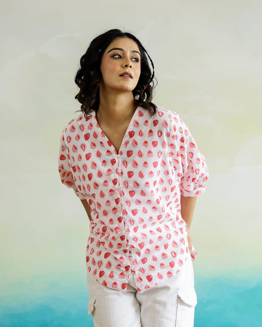 Strawberry Print Cotton V-Neck Top