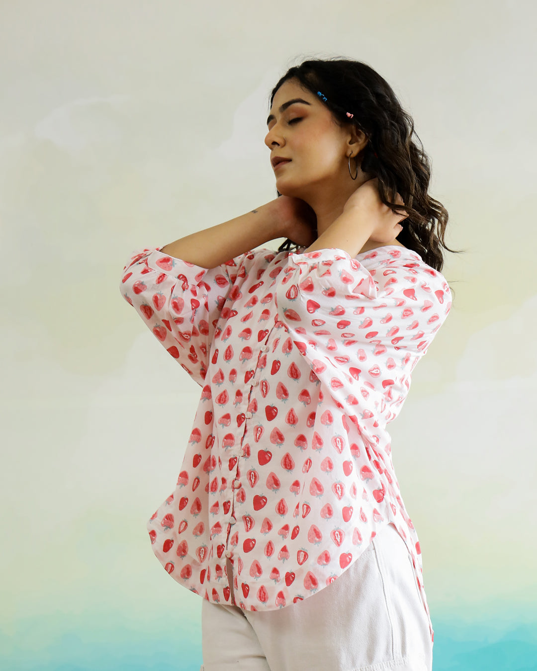 Strawberry Print Cotton V-Neck Top