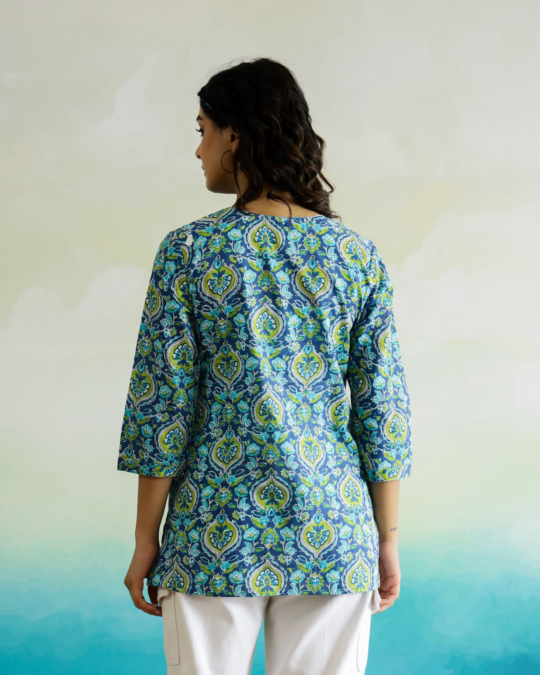 Blue Flower Printed Cotton Top