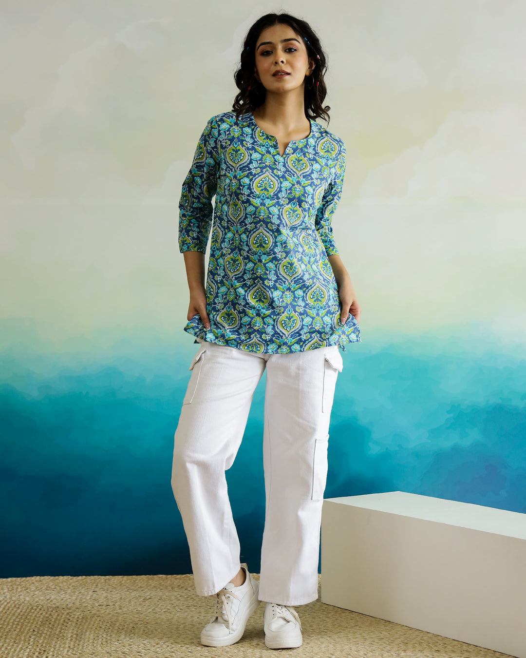 Blue Flower Printed Cotton Top