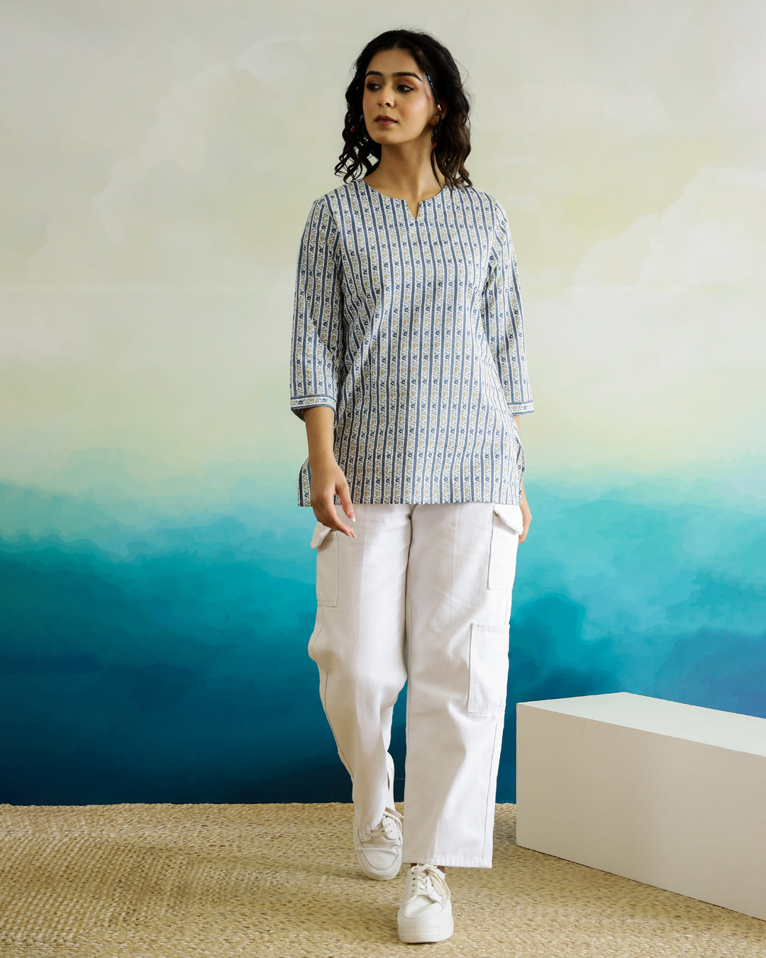 Stripted Print Cotton V-Neck Top - SanskrutiHomes 