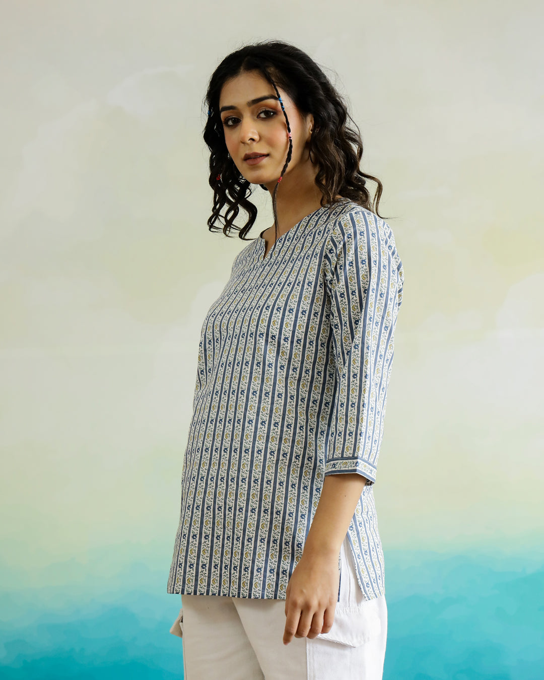 Stripted Print Cotton V-Neck Top