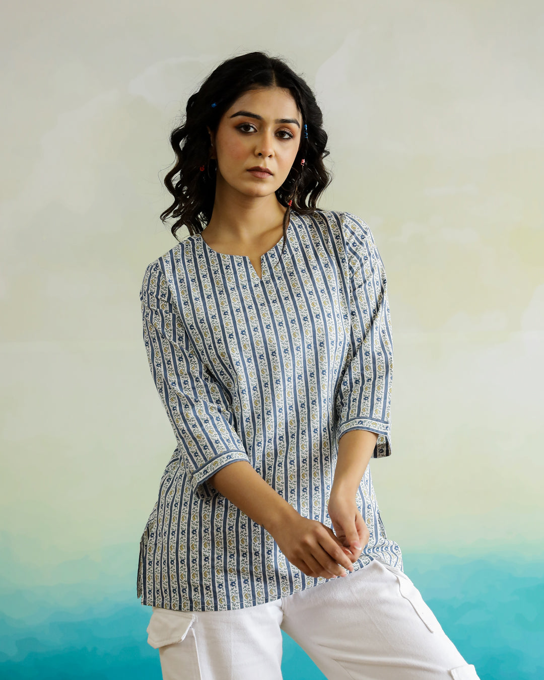 Stripted Print Cotton V-Neck Top