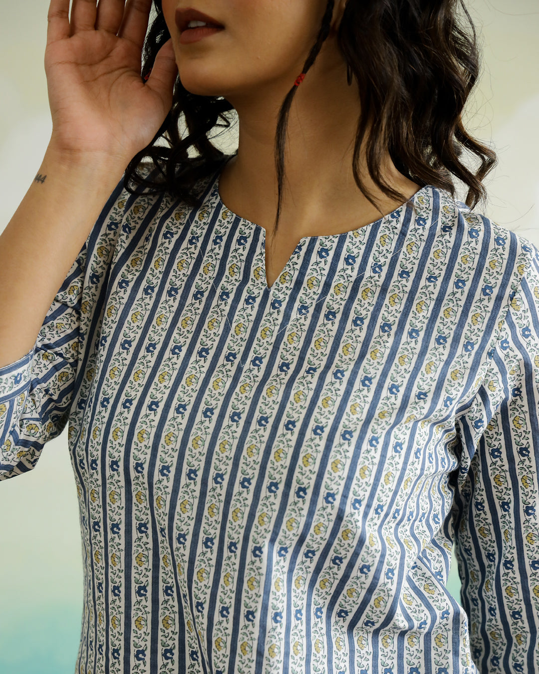 Stripted Print Cotton V-Neck Top