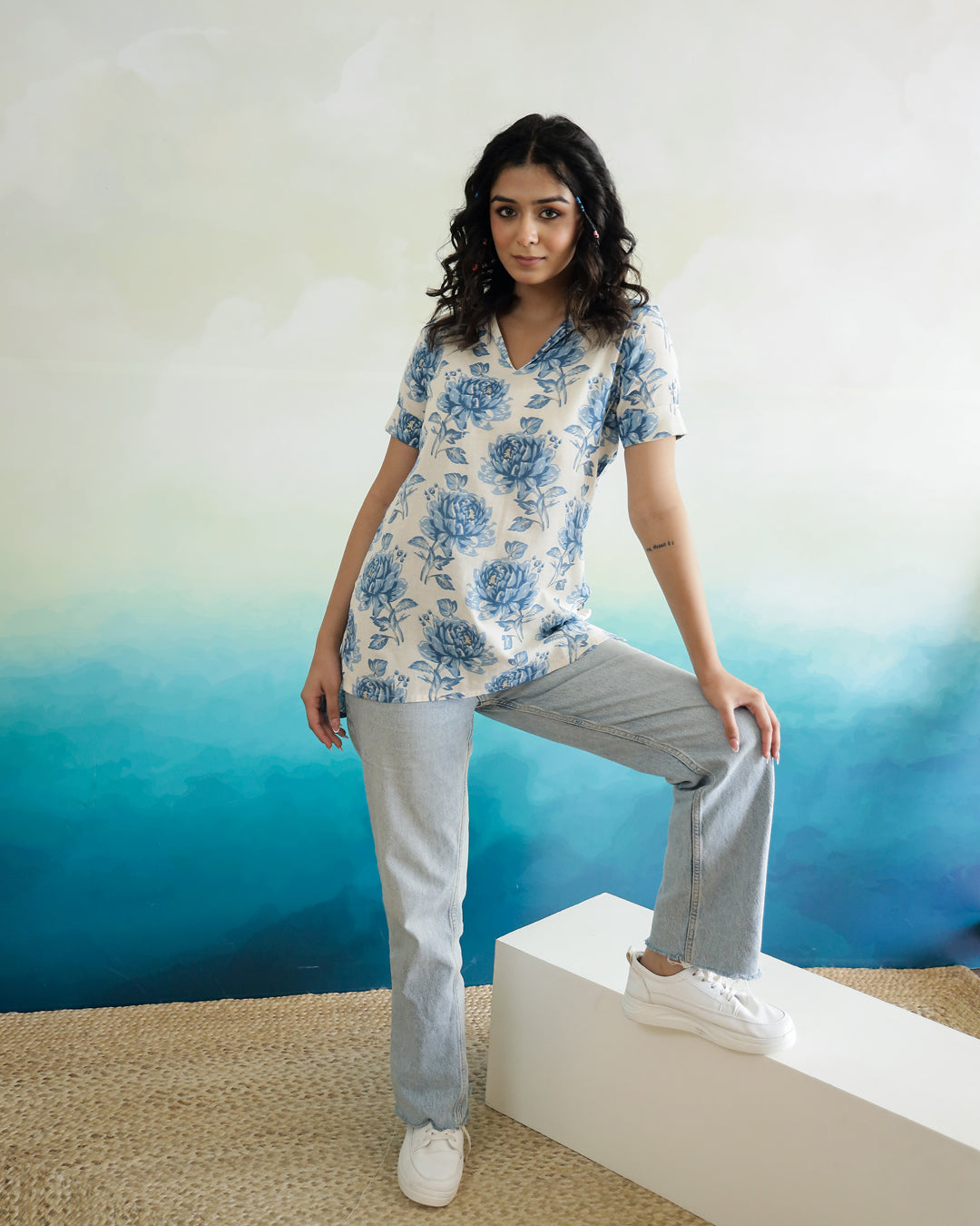 Blue Flower Printed Cotton Top
