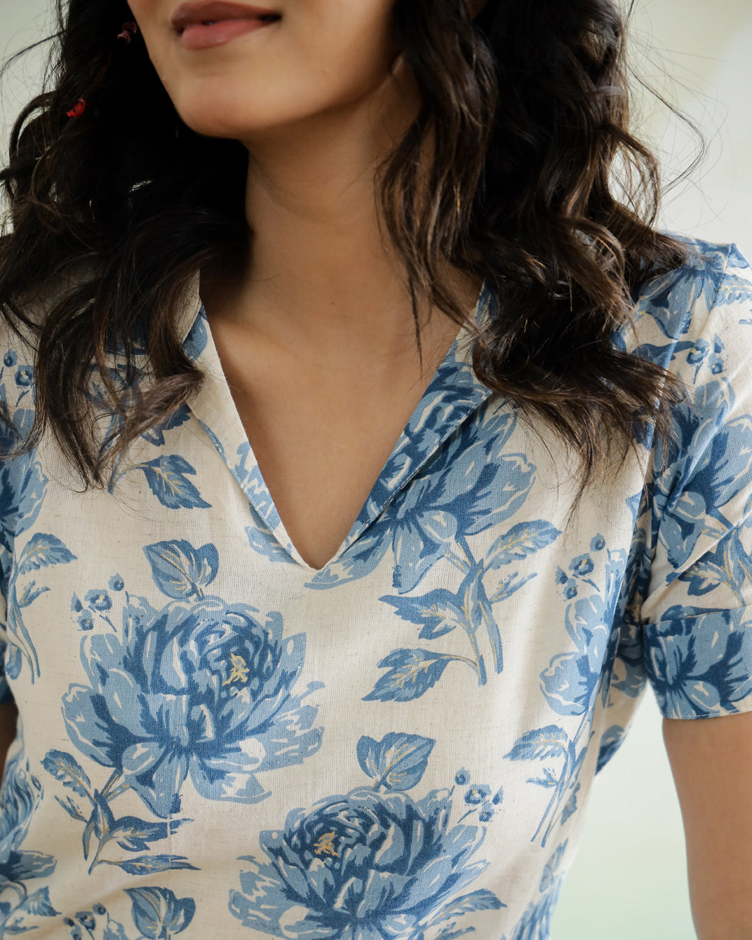 Blue Flower Printed Cotton Top