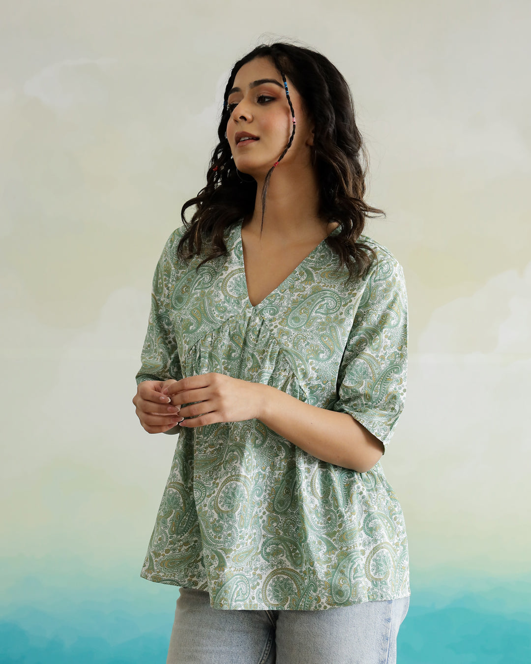 Green Flower Printed Cotton Top
