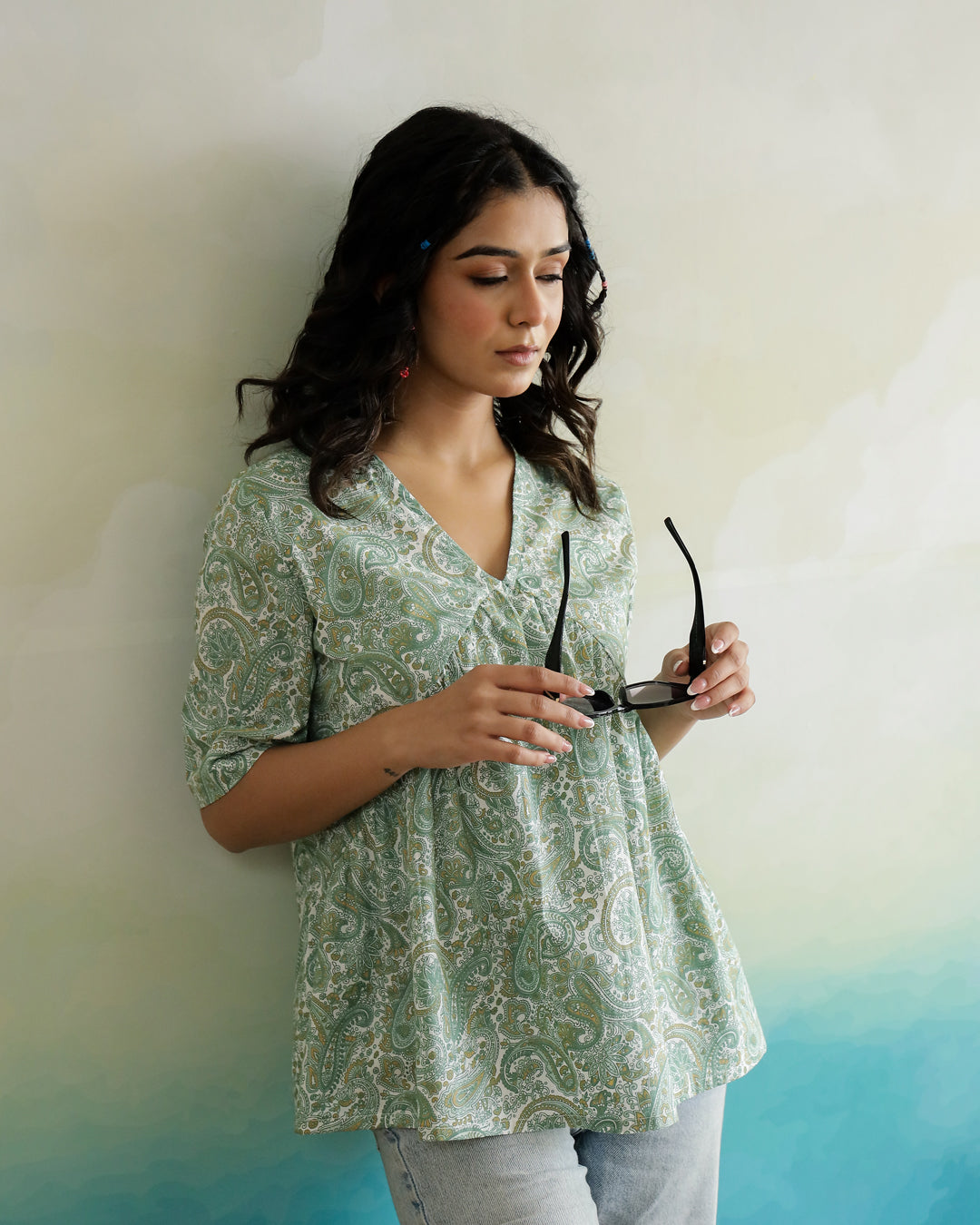 Green Flower Printed Cotton Top