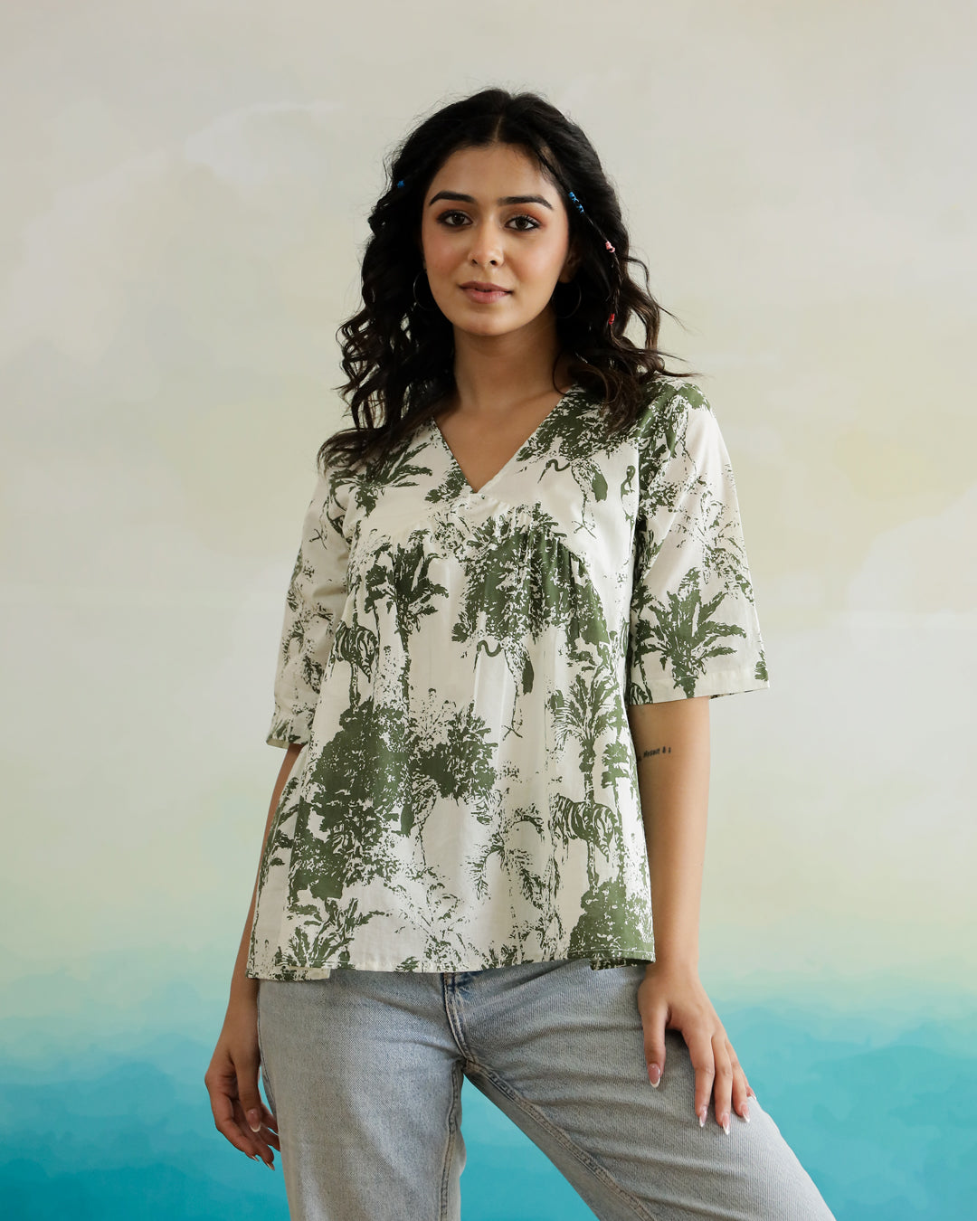 Green Flower Printed Peplum Top
