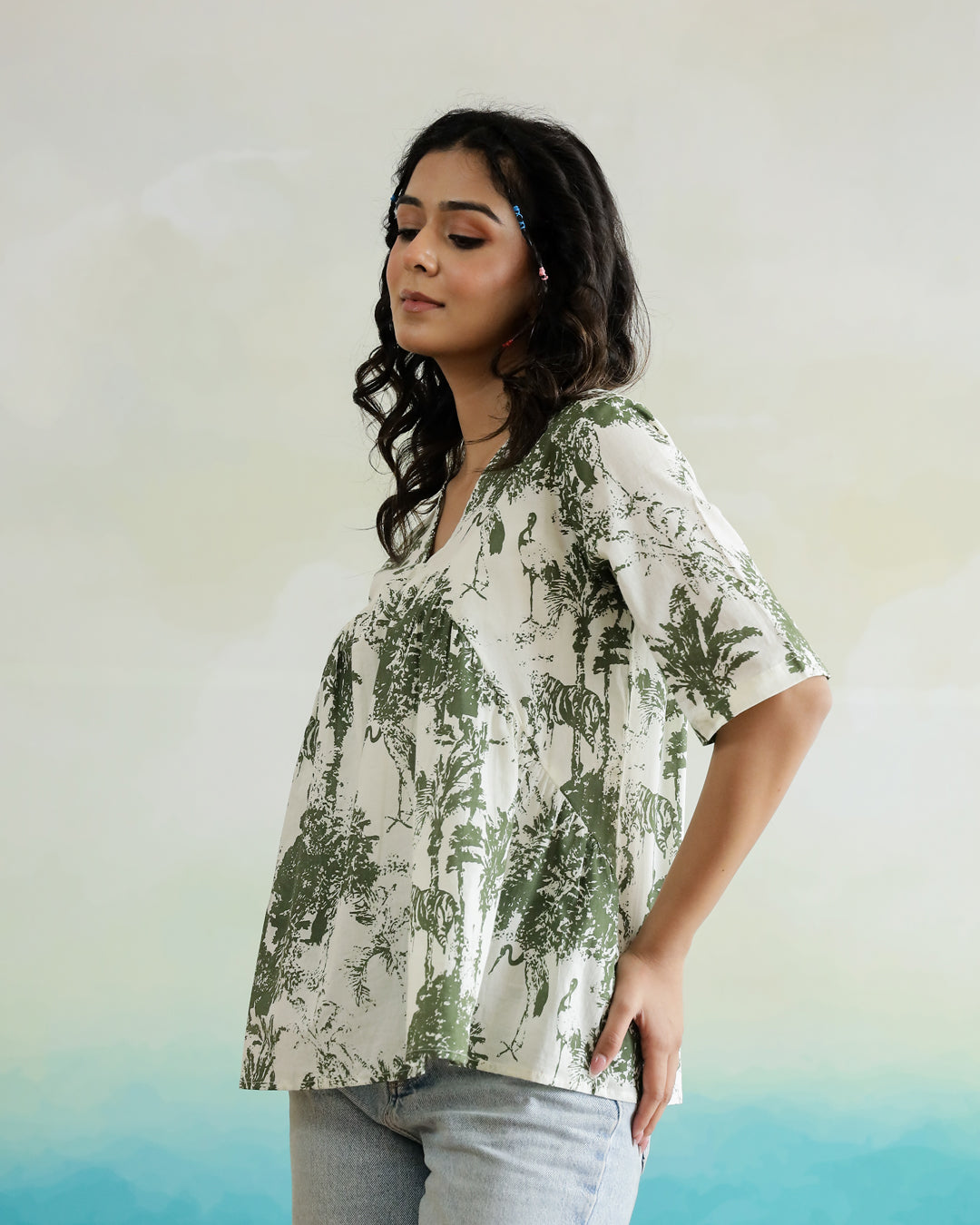 Green Flower Printed Peplum Top