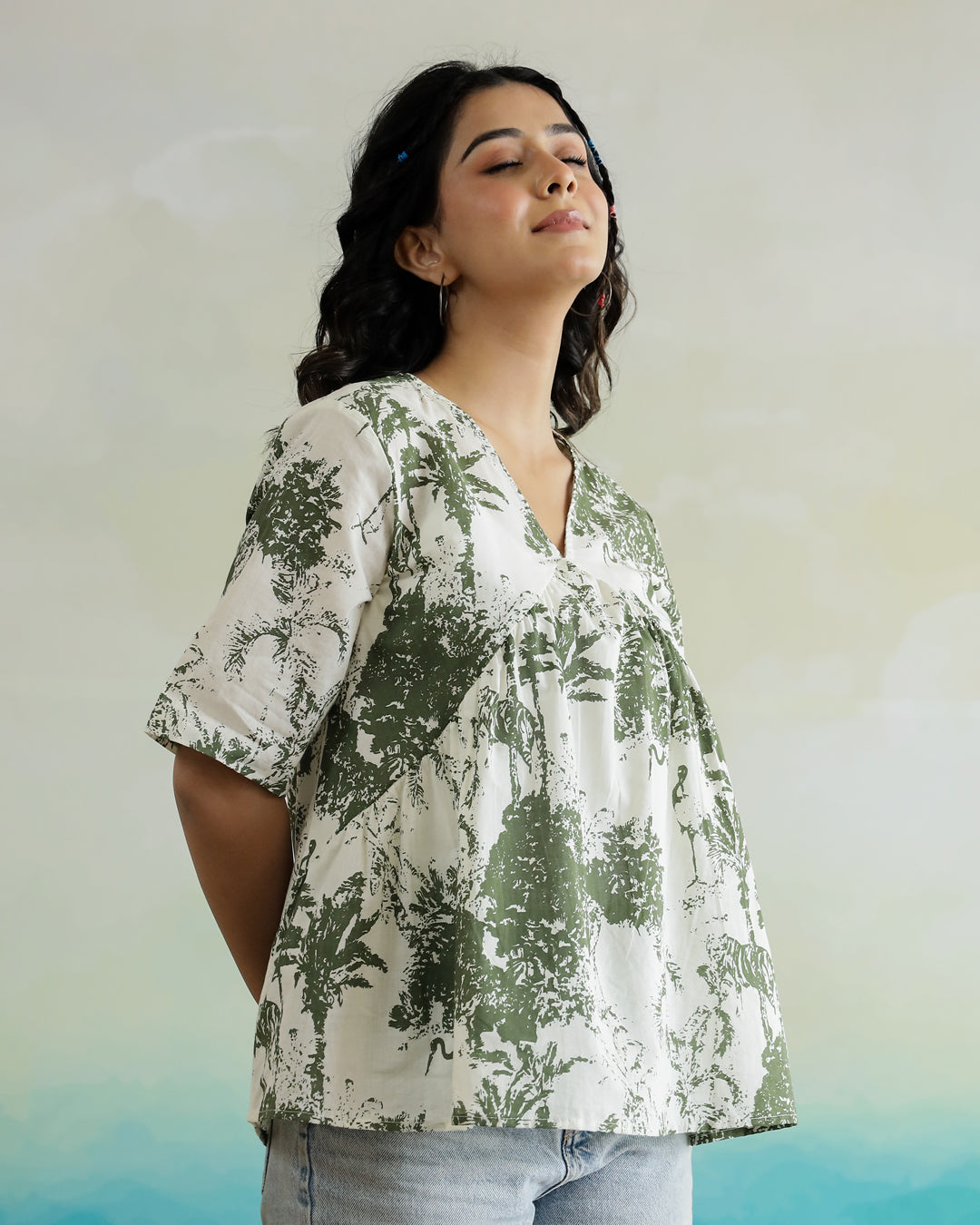 Green Flower Printed Peplum Top