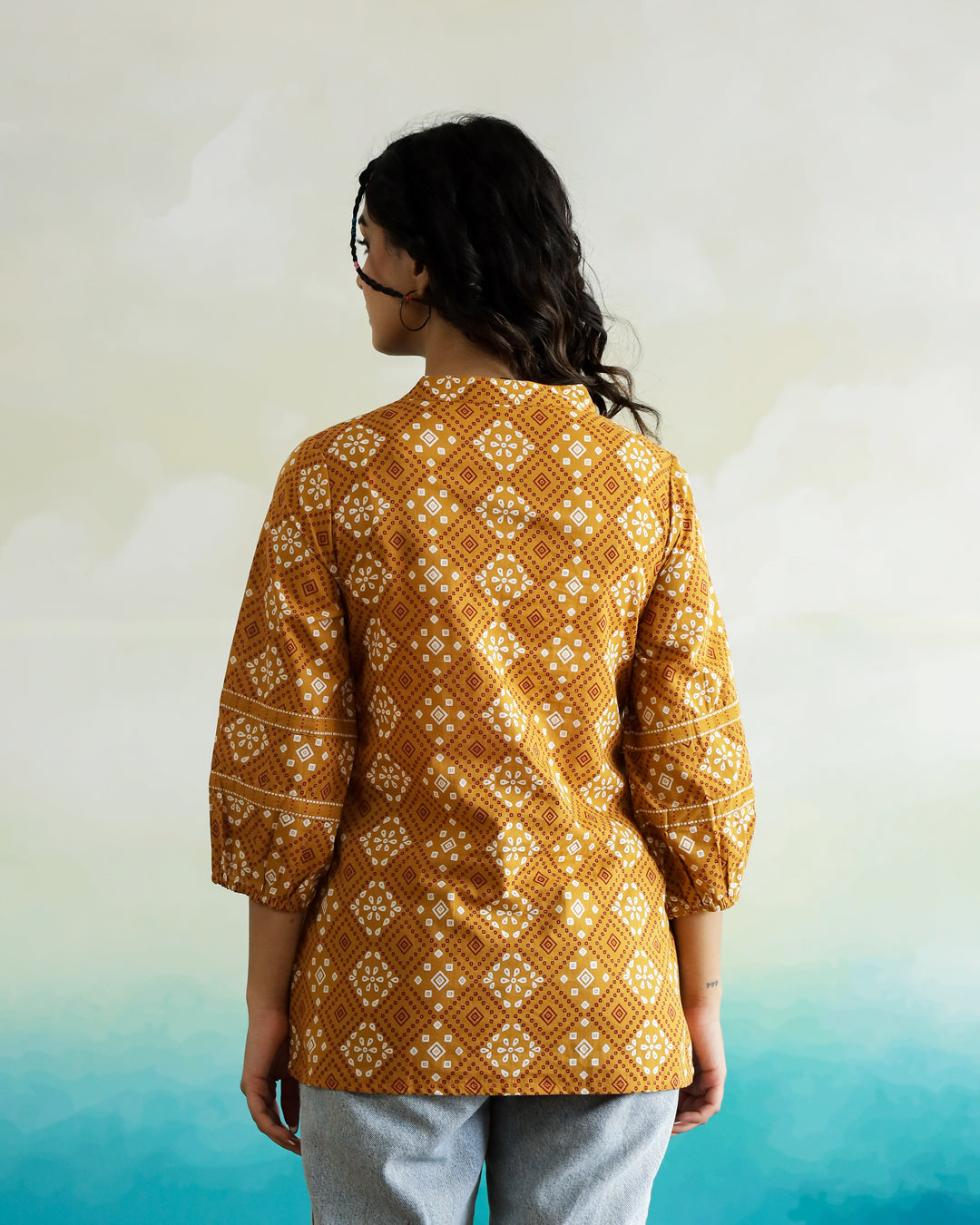 Yellow Printed V-Neck Cotton Top