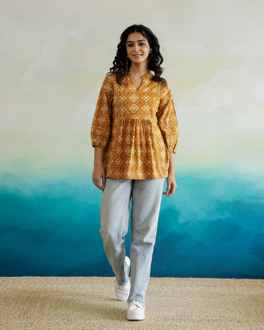 Yellow Printed V-Neck Cotton Top