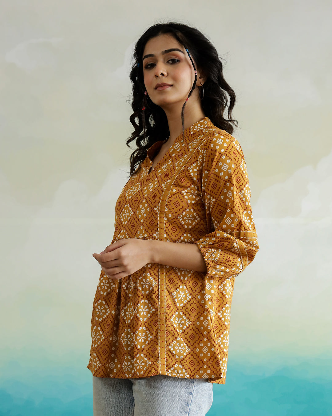 Yellow Printed V-Neck Cotton Top