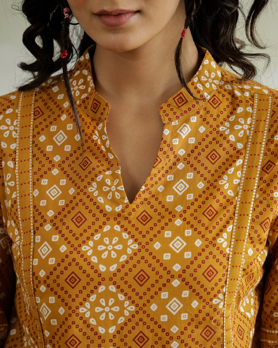 Yellow Printed V-Neck Cotton Top