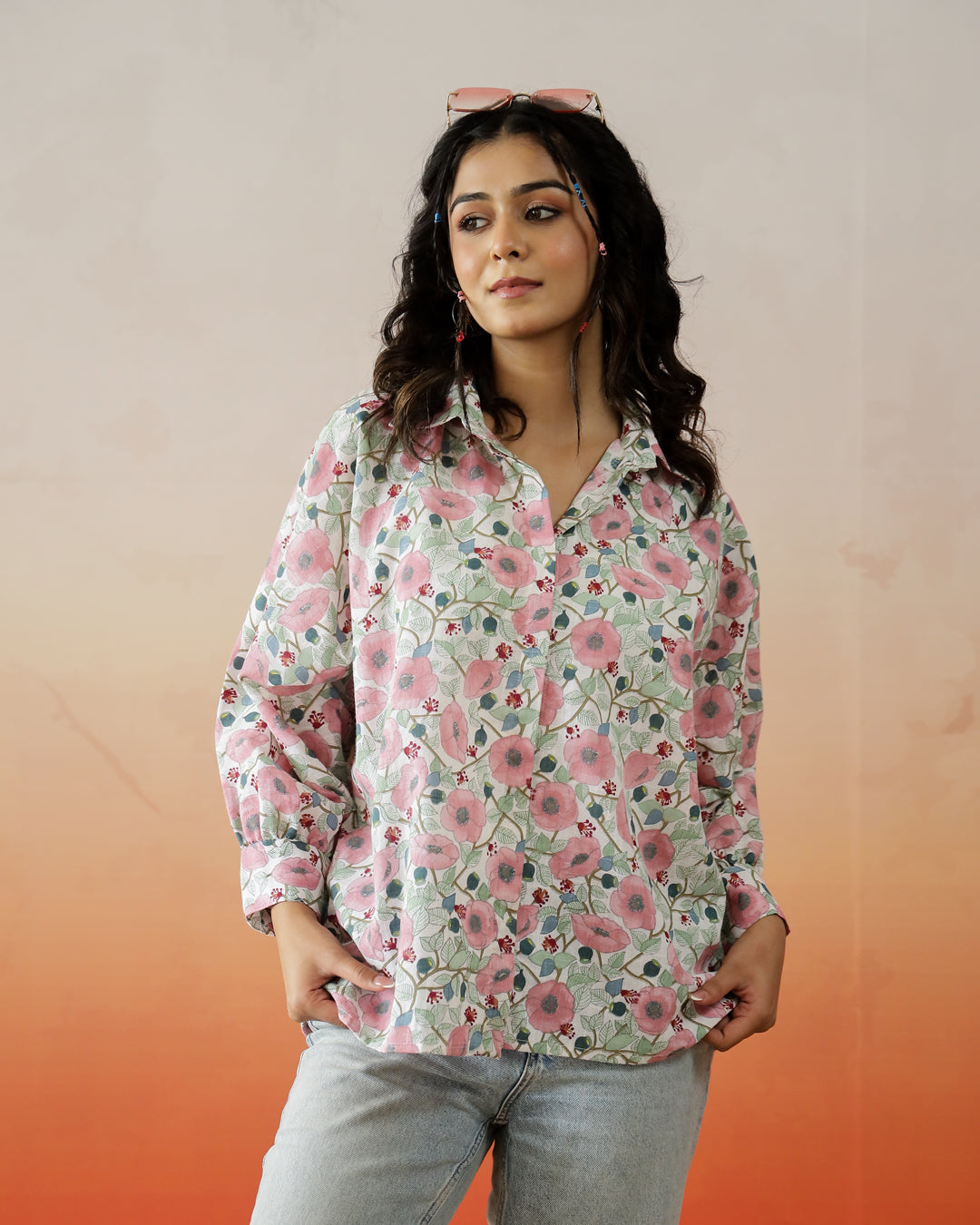 Pink Flower Printed Cotton Top