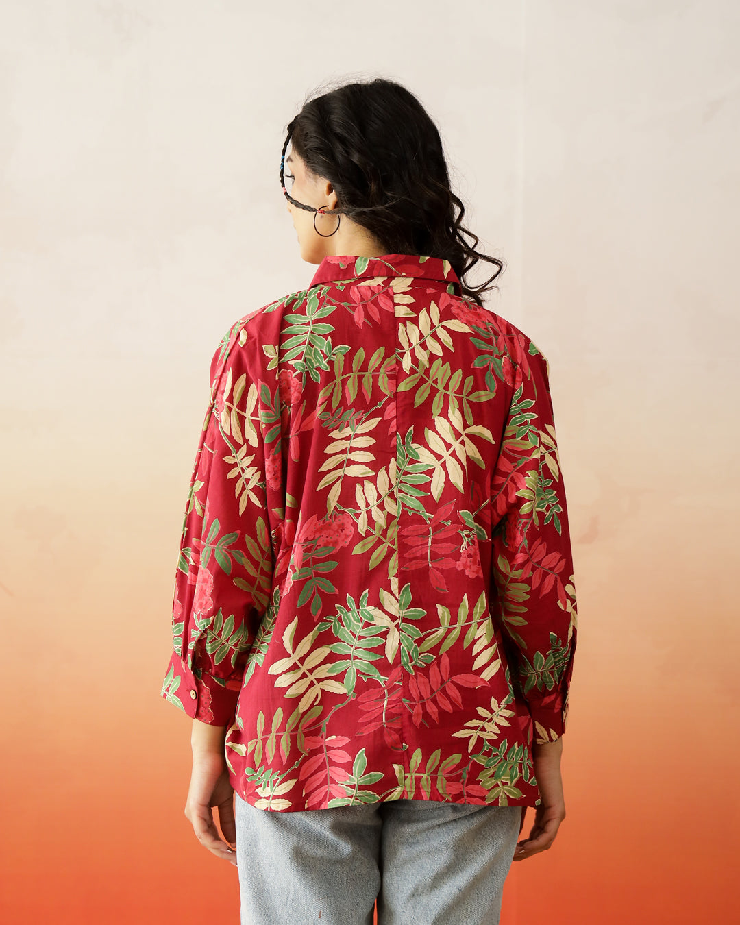 Red Leaf Printed Cotton Top for Women