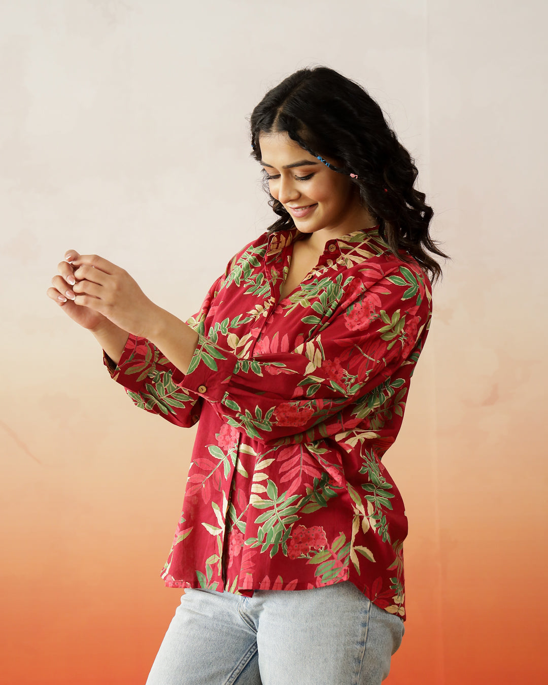 Red Leaf Printed Cotton Top for Women