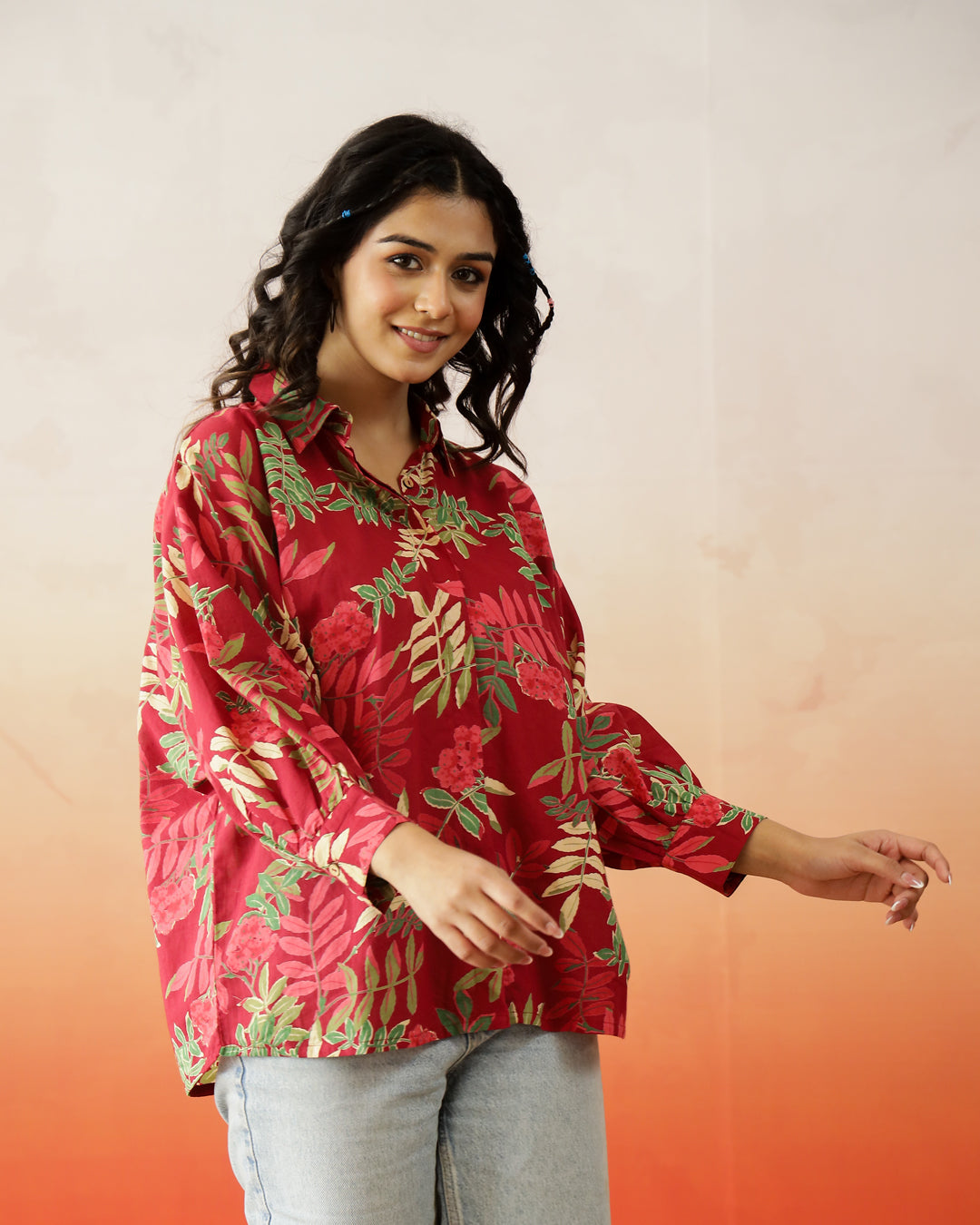 Red Leaf Printed Cotton Top for Women